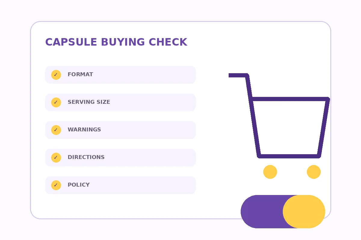 Capsule buying check covering format, serving size, warnings, directions and policy